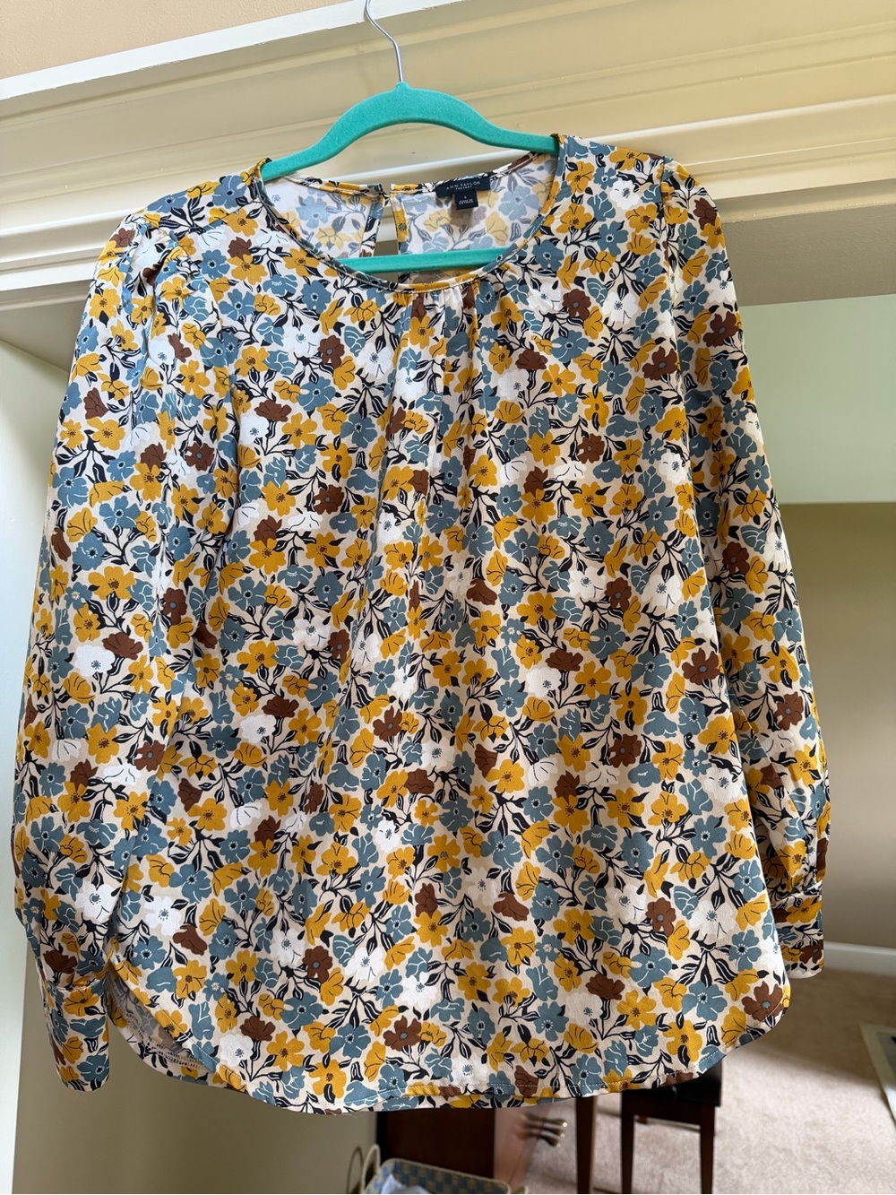 Ann Taylor Floral Pleat-Neck Blouse - Yellow, Blue & Brown